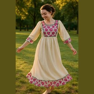 60s BOHIEMIAN COTTON CREAM PINK GREEN MAXI DRESS 3/4 SLEEVES & FLORAL DETAILS M